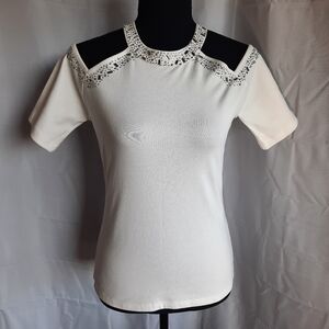 NWT Bebe Cold Shoulder Cut Out White Bling Top Blouse Womens Size Medium